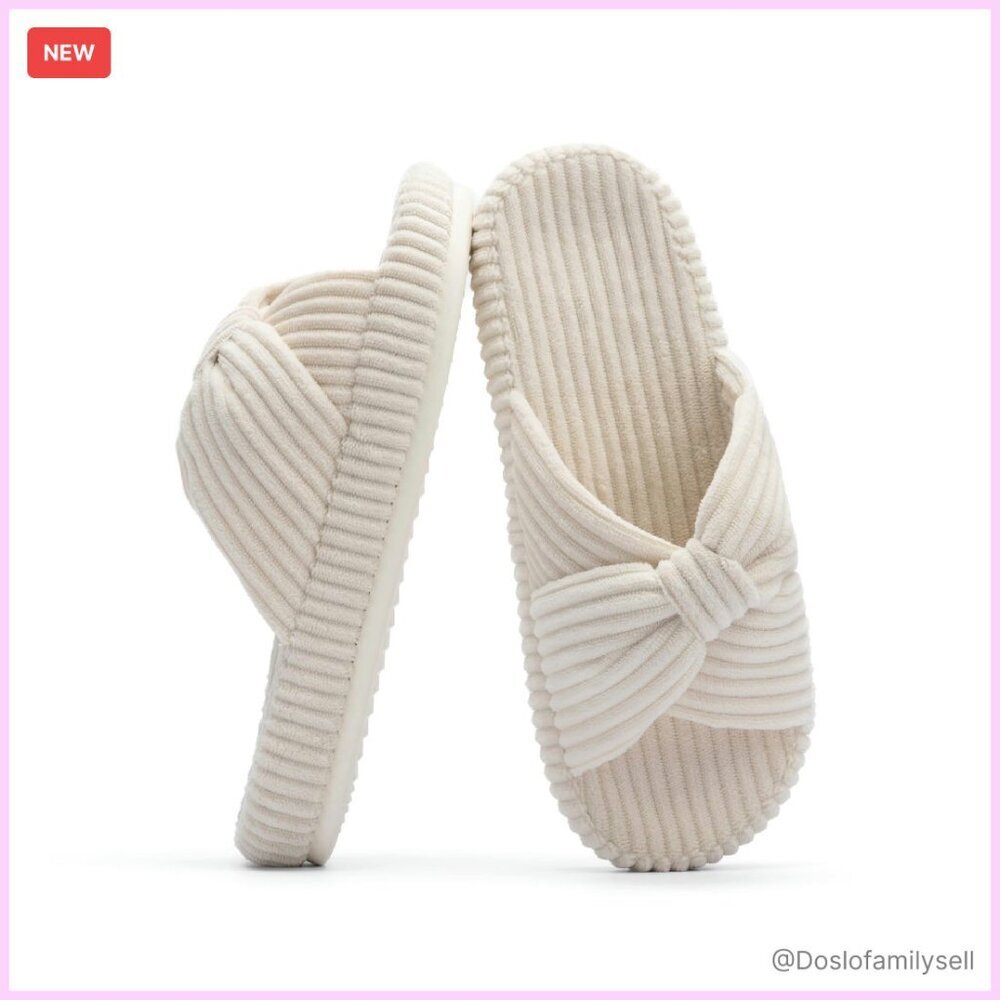 Memory Foam Slippers Corduroy Bow Crossbands Comfy Trendy House Shoes